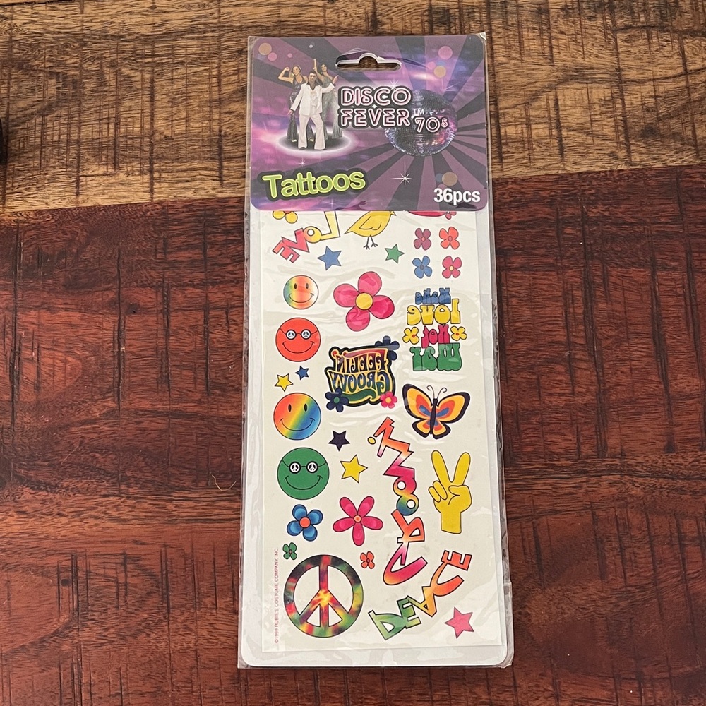 Disco Fever 70s Temporary Tattoos. Hippie Chick Halloween accessories. New.